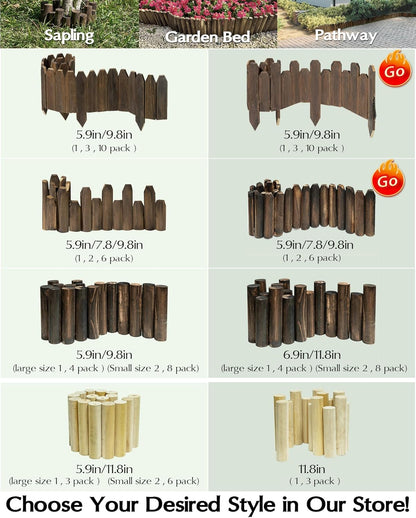 Wood Fence Border for Garden Beds – 9.8" H x 47" L Wooden Landscape Edging Panels, Rustic Decorative Outdoor Divider for Lawn, Path, and Yard Design (9-Pack)