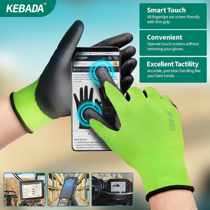 Kebada W1 Work Gloves for Men and Women, PU Coated Safety Gloves with Grip, Touchscreen, Ideal for Warehouse Package Handling, Construction, Gardening, Green X-Large