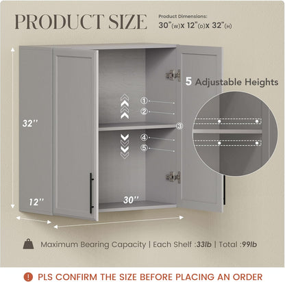 FIMELLO 30" Kitchen Wall Storage Cabinet with Adjustable Shelf, Laundry Cabinet with Doors, Bathroom Storage Cabinet Wall Mount, Storage Cabinet for Bathroom, Kitchen, Laundry Room Cabinet, Grey