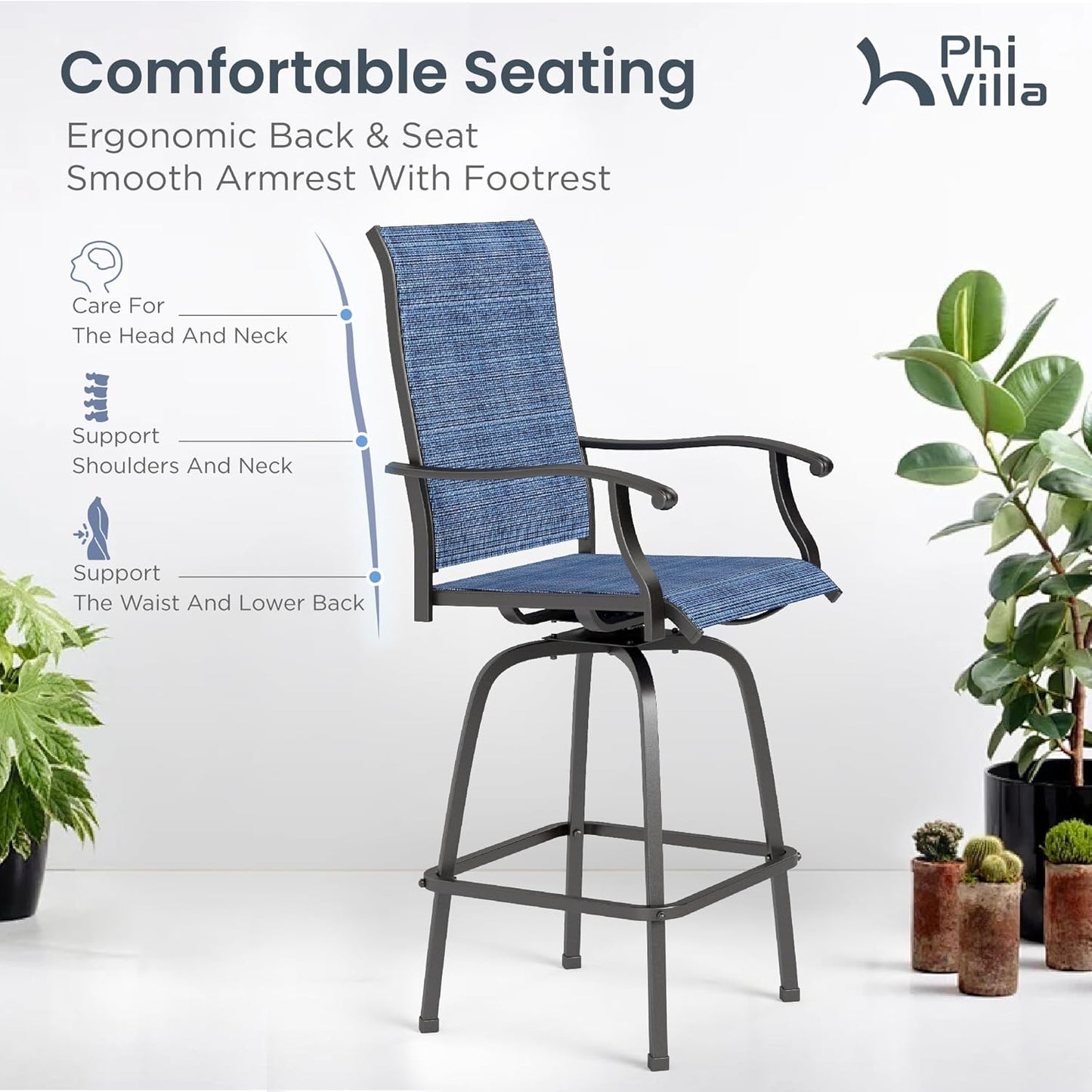 PHI VILLA Outdoor Bar Set, 7 Piece Patio Dining Table and Swivel Bar Stools with Metal Table, for Garden, Pool, Yard and Terrace