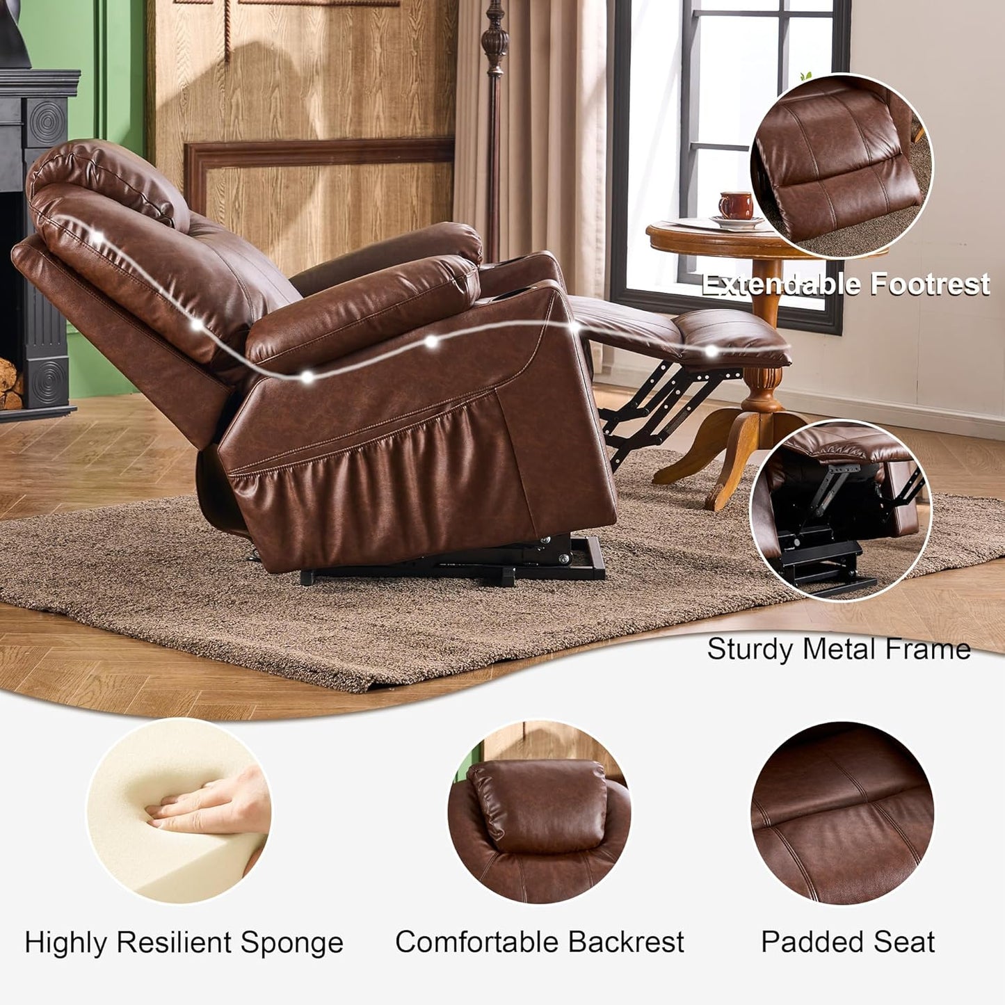 SALOHZA Power Lift Recliner Chair for Elderly with Massage and Heat for Living Room, Electric Recliner Chair for Adults with USB/Type C Port/Cup Holders, PU Faux Leather, Dark Brown