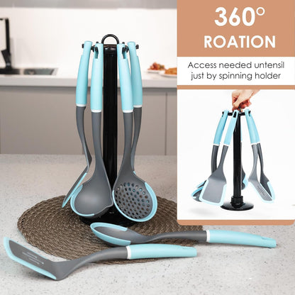 Kitchen Cooking Utensils Set, Non-Stick Spatula Set with Rotating Stand, 6 PCS Silicone Utensils Set for Cooking, 400°F Heat Resistant, Kitchen Gadgets with Nylon Handle & Stable Holder, Grey Blue