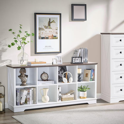 Farmhouse 8 Cube Bookshelf, White Storage Organizer Bookcase, Kids Toy Storage Cabinet, Long Bookshelves Storage Organizer Shelf, Wood Display Cabinet Book Shelves for Bedroom,Living Room,Office