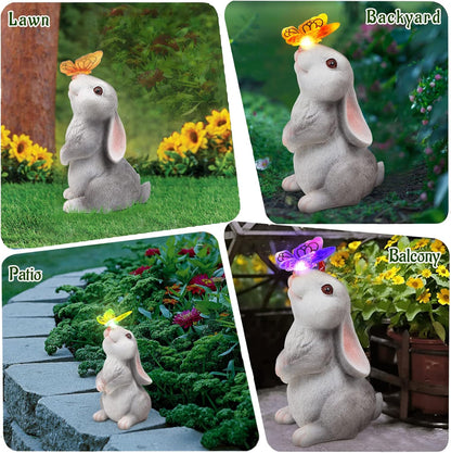 Garden Statue Outdoor Decor-Rabbit with Solar Butterfly Changing Lights Garden Statues,Bunny Statue for Patio,Balcony,Yard,Lawn Ornament,Gardening Gifts for Mom Grandma