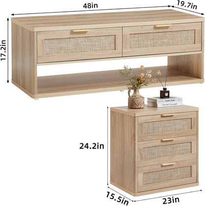 LEYAOYAO Boho Rattan Coffee Table and End Table Sets, 48" Wide Center Tables & 23" Night Stand with 3 Drawers, Natural Wood Coffee Table for Living Room 3 Piece Set