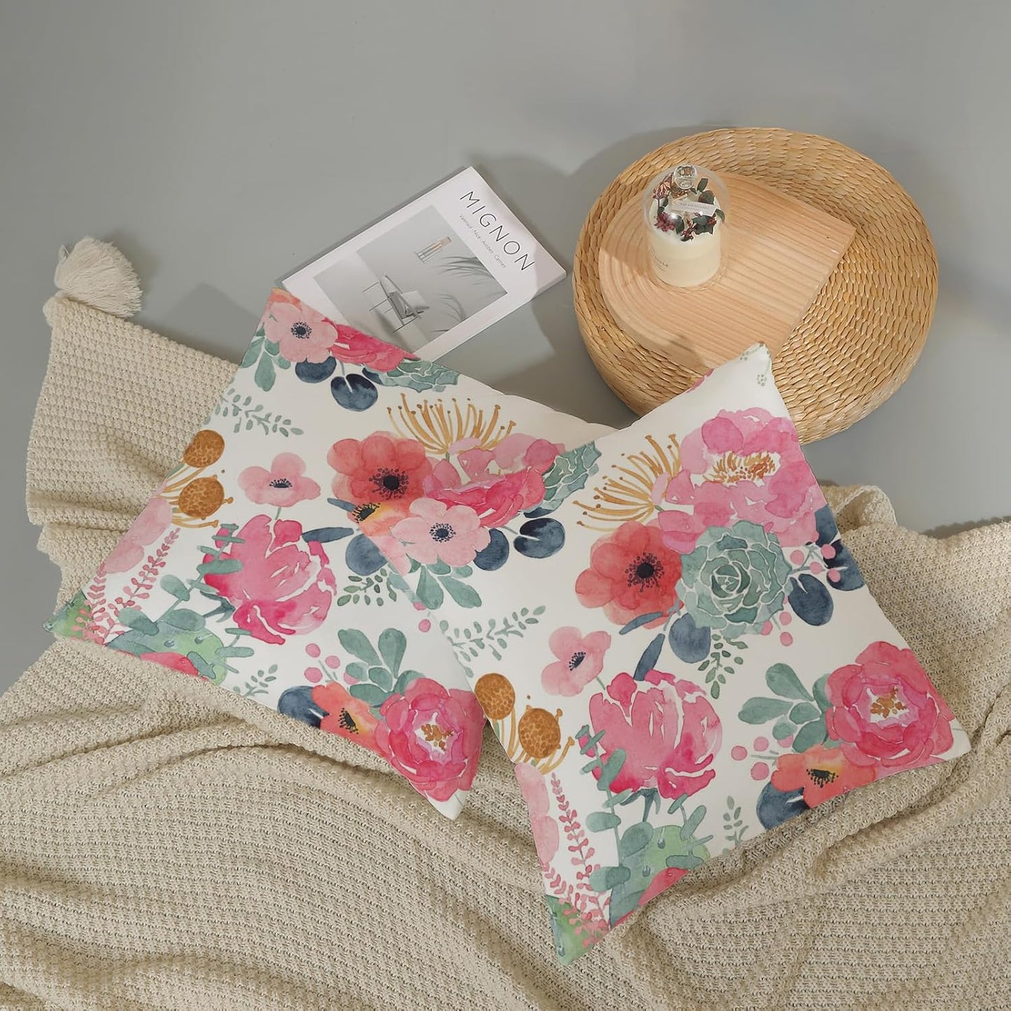 CXMEIFLY Spring Floral Pillow Covers 24 x 24 Inch Set of 2 for Watercolor Pink Flowers Decor Throw Pillows Green Leaves Plant Outdoor Decorative Cushion Cases with Zipper for Couch Bed Decorations