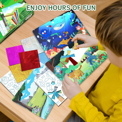 PERRYHOME Foil Arts and Crafts Kits-DIY No Mess Animal Fun Foil Paper Craft Kits,Non-Toxic Kids Car Airplane Travel Activities Toys,Gifts for 4 5 6 7 8 Year Old Girls Boys Toddler Children