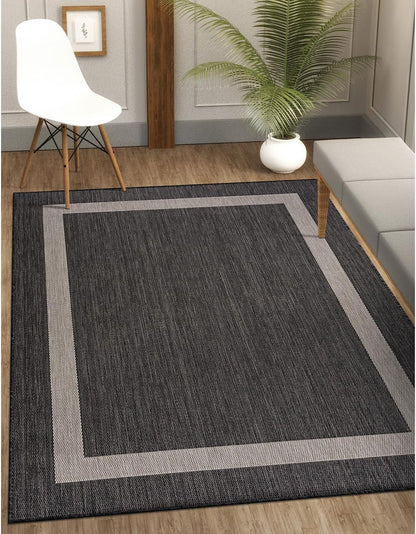 CAMILSON Outdoor Rug 8x10,Modern Outside Rugs for Patios Porches Waterproof Durable Washable Non-Shedding, Easy-to-Clean Indoor Outdoor Area Carpet (8 x 10, Bordered - Dark Gray/Light Gray)