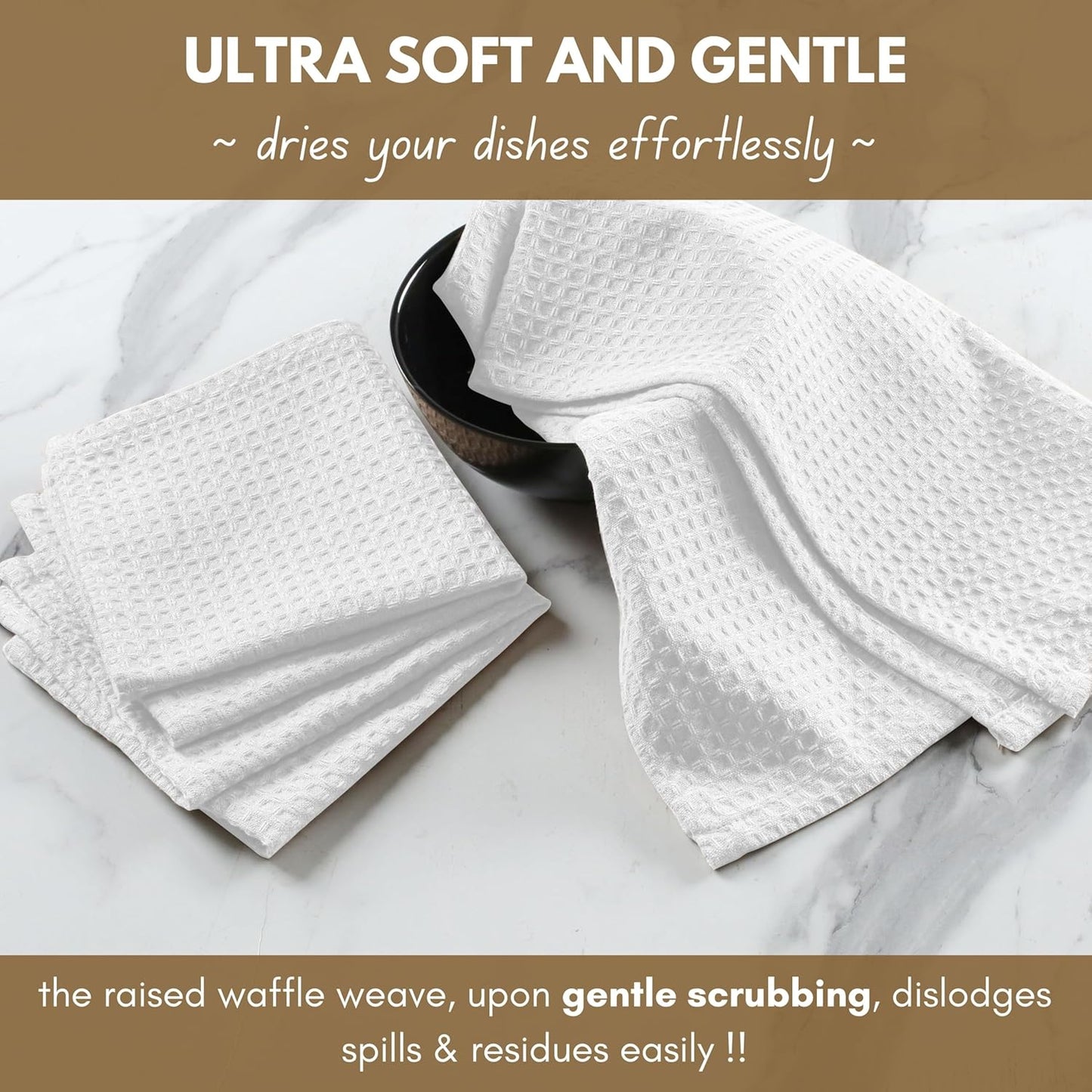 Native Fab Cotton Kitchen Towel with Hanging Loop 16x26 inches, 4-Pack, Waffle Weave Kitchen Towels for Cleaning Drying, Washcloths Soft & Absorbent Cloth Rags, Bar Towel, Dish Cloth, White