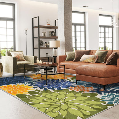 Indoor Outdoor Area Rug Washable Multicolored Patio Rug Tropical Botanical Modern Floral Indoor Outdoor Carpet Non Slip Yellow Green Rug Non Shedding for Patio, Deck, Backyard, Porch (9x12)