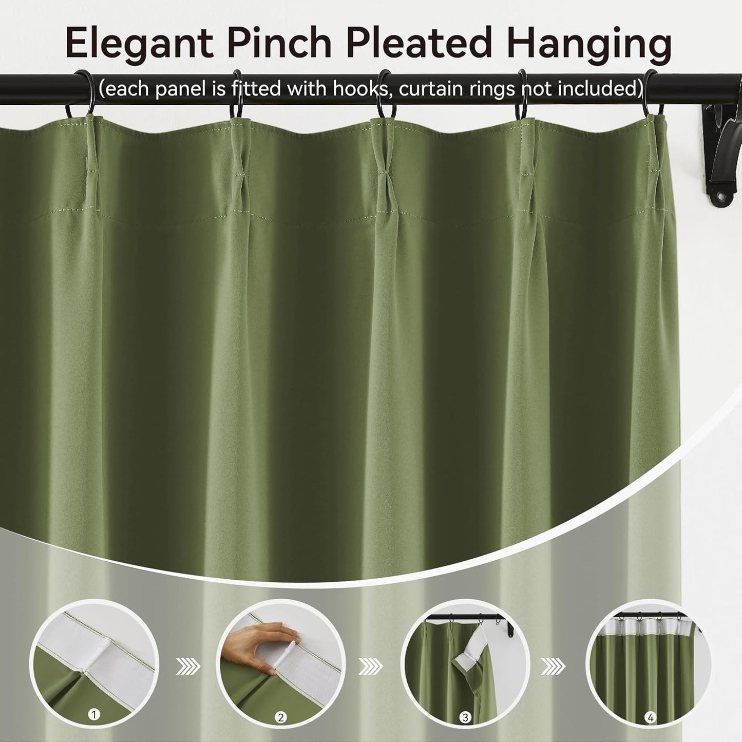 KangBang Sage Green Pinch Pleat Blackout Curtains 96 Inches Long for Living Room, Pinch Pleated Room Darkening Privacy Assured Draperies Memory Shape Panels for Bedroom Kitchen,2 Panels,40Wx96L