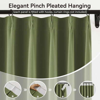 KangBang 60” Wide Sage Green Blackout Curtains 102 Inches Long, Pinch Pleated Thermal Insulated Sliding Door Curtains & Drapes for Living Room French Door, Elegant Modern Decor, 60x102 Inch,2 PCs