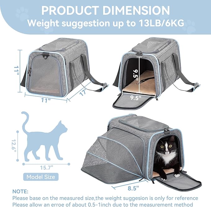 Petsfit Expandable Cat Carrier Dog Carriers,Airline Approved Soft-Sided Portable Pet Travel Washable Carrier for Kittens,Puppies,Removable Soft Plush mat and Pockets,Locking Safety Zippers