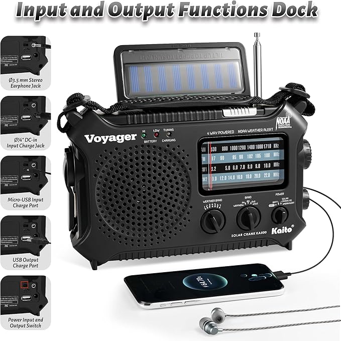 Kaito KA500 5-way Powered Emergency AM/FM/SW NOAA Weather Alert Radio with Solar,Dynamo Crank,Flashlight and Reading Lamp, Color Black