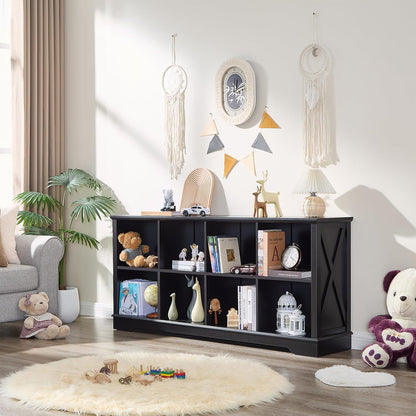 Farmhouse 8 Cube Bookshelf, Black Storage Organizer Bookcase, Kids Toy Storage Cabinet, Long Bookshelves Storage Organizer Shelf, Wood Display Cabinet Book Shelves for Bedroom,Living Room,Office