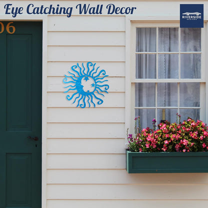 Riverside Designs Wacky Solar Moon Metal Wall Art Steel Outdoor Decor | Heavy-Duty and Waterproof | Made in USA (Teal, 30L x 30W)