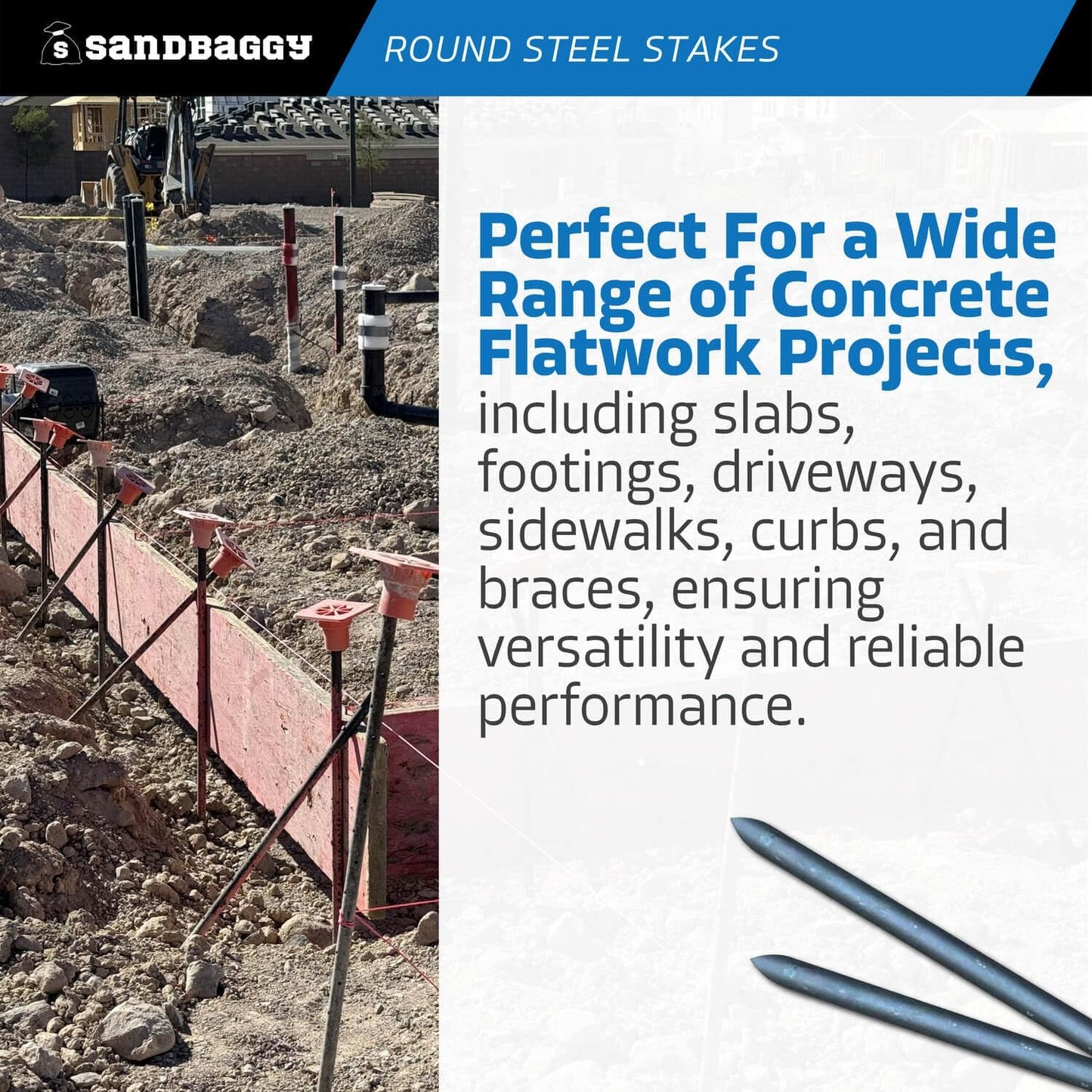 Sandbaggy Round Steel Concrete Form Stakes with Nail Holes - Rust Resistant Coating - Removable, Reusable (100, 3/4 in X 24 in)