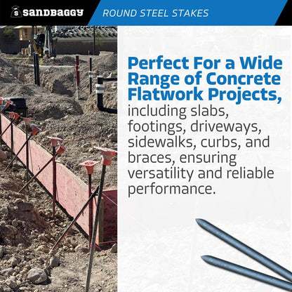 Sandbaggy Round Steel Concrete Form Stakes with Nail Holes - Rust Resistant Coating - Removable, Reusable (10, 3/4 in X 24 in)