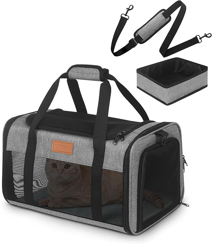 PETUX Cat Travel Carrier with Litter Box - 17"x11"x9.5", TSA Airline Approved, Underseat, Soft Sided Pet Carrier for Small Cats Under 12 lb with Safety Zipper, Anti-Scratch Mesh - Grey