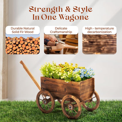 Wood Wagon Planter for Outdoor Balcony Decor - Garden Rustic Wooden Flower Cart with Wheels for Outside - Garden Decor - Amish Decorative Indoor - Wheelbarrow Planter for Patio