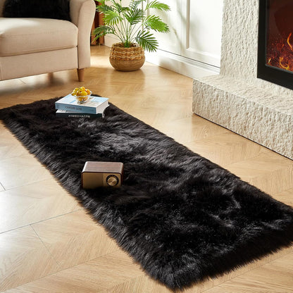 AMTOVO Faux Fur Rug, Black Ultra Soft Fluffy Shag Sheepskin Rug, 2 x 6 ft Runner Area Rugs for Bedroom Sofa Throw Cushion Room Decor, Rectangle