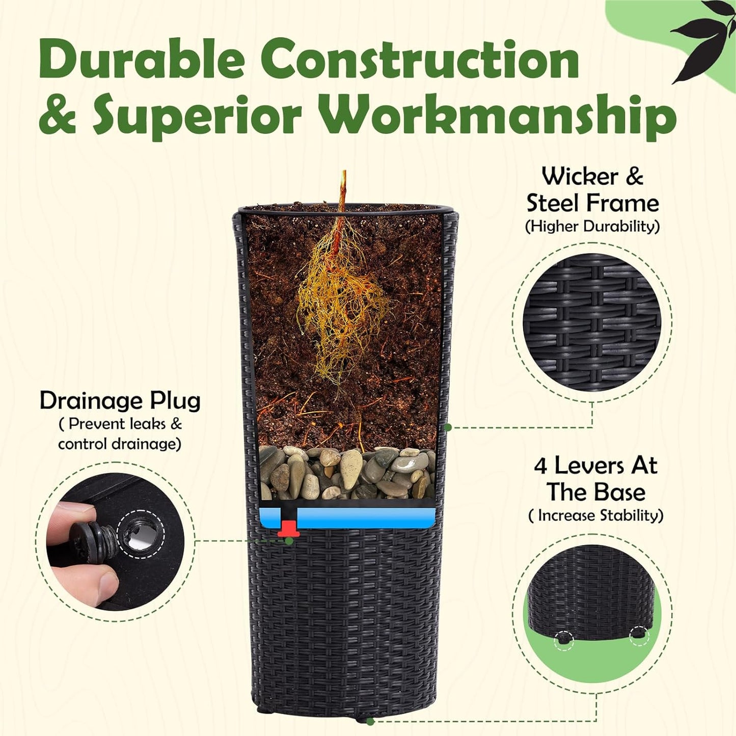 IDZO All Weather Wicker Planters for Outdoor Plants Set of 2, 24 inch Tall Black Planter for Front Porch, Patio, Balcony, Indoor Usage - Round Rattan Flower Pots