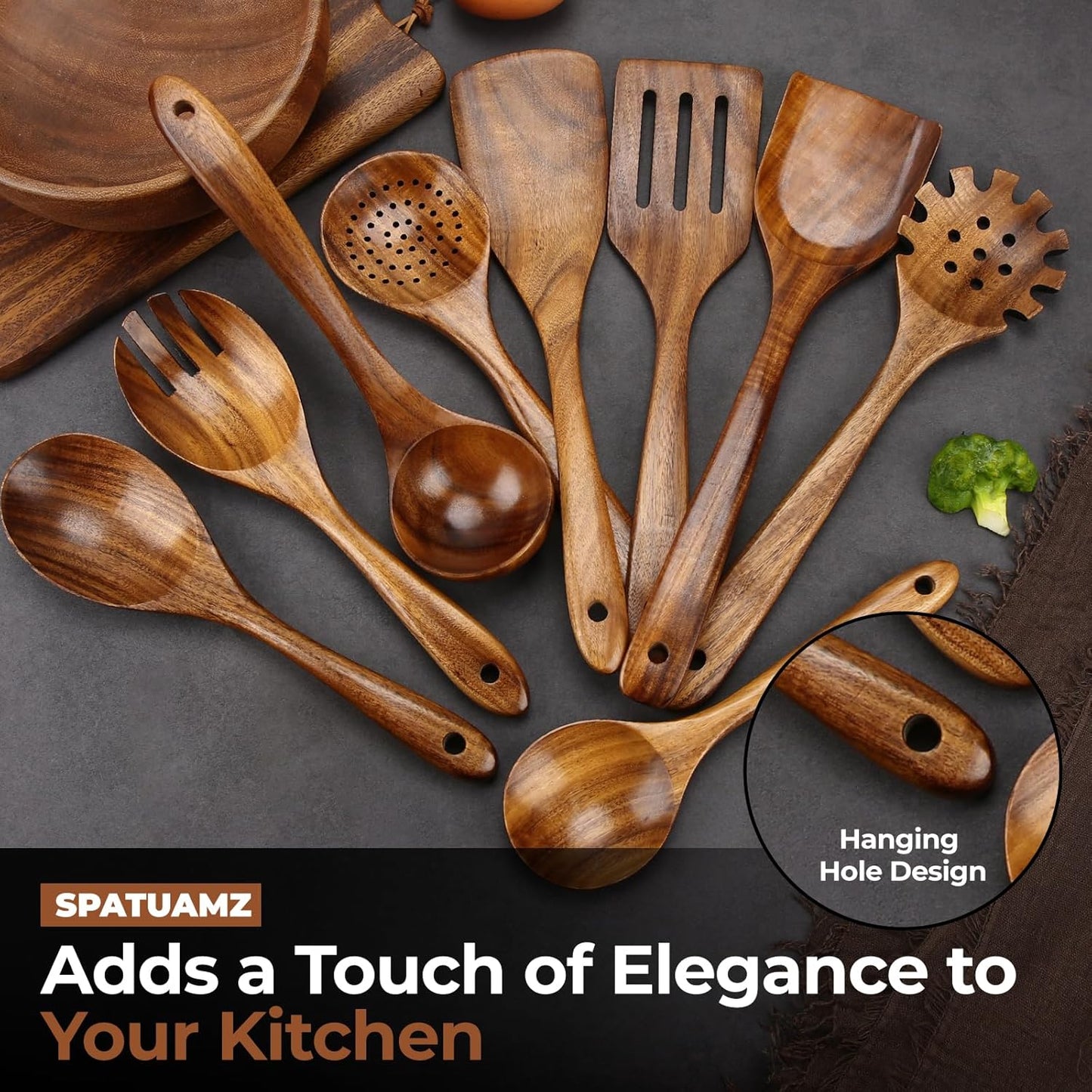 SPATUAMZ Natural Kitchen Utensils Set Wooden, Teak Wooden Spoons for Cooking, Wooden Utensils Set of 9 for Any Kitchen