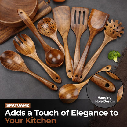 SPATUAMZ Natural Kitchen Utensils Set Wooden, Teak Wooden Spoons for Cooking, Wooden Utensils Set of 9 for Any Kitchen