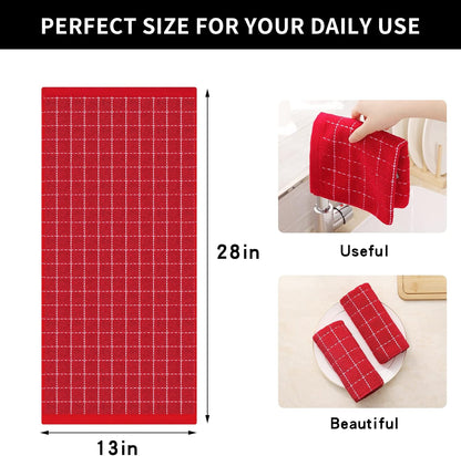 Homaxy 100% Cotton Terry Kitchen Towels(Red, 13 x 28 inches), Checkered Designed, Soft and Super Absorbent Dish Towels, 4 Pack