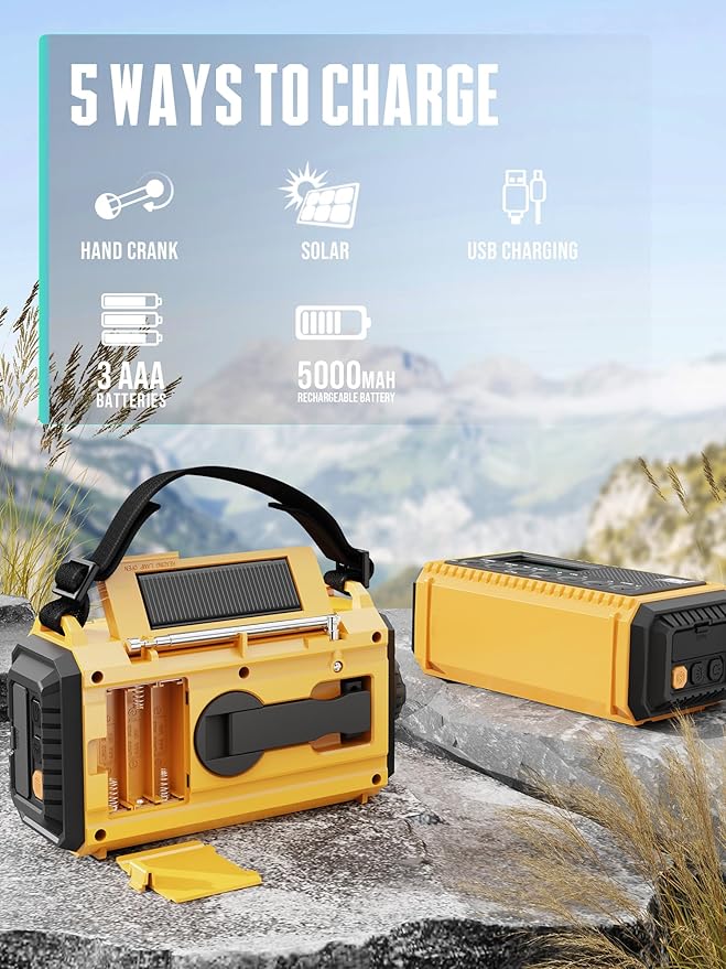 5000 Emergency Weather Radio- Portable Radio AM/FM/SW/NOAA with USB Charger, Rechargeable Battery Powered Solar/Hand Crank Radio with Flashlight, Large Backlit LCD Display, Headphone Jack, SOS Alarm