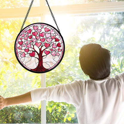 Stained Glass Window Hanging, Valentine's Day Gifts Pink Love Heart Tree Suncatcher Hangings Beige Sun Catchers Decor for Birthday for Women, Men, Wife, Aunt, Mom14.9 in