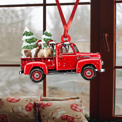 Talataca Goat Red Christmas Truck Pine Tree Farm Animal Lover 2D Flat Car Rear View Mirror Accessories Christmas Tree Ornament Decoration Hanging Charm Interior Rearview Pendant Decor Gift