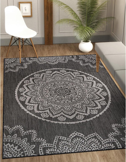 CAMILSON Outdoor Rug 5x7 Modern Area Rugs for Indoor and Outdoor Patios and Porches - Waterproof Washable Non-Shedding Easy-to-Clean Outside Carpet (5 x 7, Medallion - Dark Grey/Light Grey)