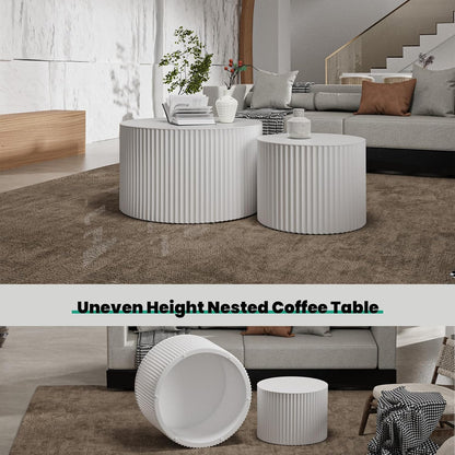 Round Nesting Coffee Table, Drum Wood Coffee Table Set of 2 White, Modern Fluted Nesting Tables Circle Center Table 2 Piece for Small Spaces Living Room Bedroom Balcony Office, No Assembling