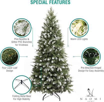 Naomi Home 7.5ft White Tip Christmas Tree with Lights, Realistic Light Snow Flocked Fir Prelit with 1746 Branch Tips, 550 Warm Lights and Metal Stand, Aritificial Tree