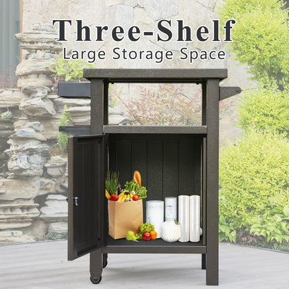 Domi Grill Carts Outdoor with Storage and Wheels, Whole Metal Portable Table and Storage Cabinet for BBQ,Deck,Patio,Backyard(Brown)