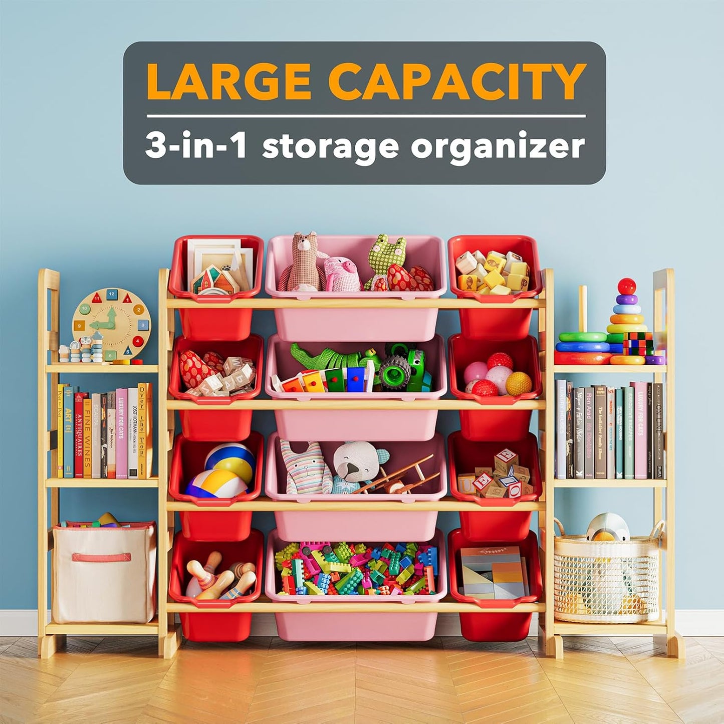 SpaceAid Toy Storage Organizer with 6 Shelves and 12 Bins, Toy Organizers Storage Bookshelf, Kids Bin Shelf Toys Box Bookcase for Bedroom Playroom Organization Room Decor, Red and Pink