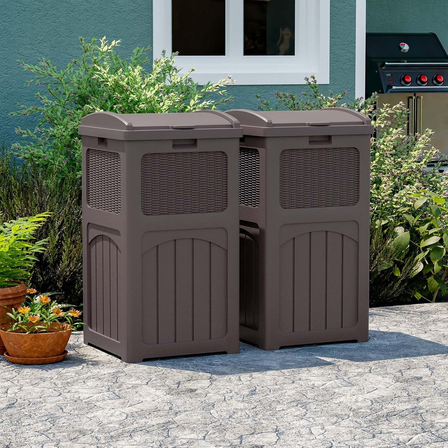 Patiowell 36 Gallon Outdoor Trash Can, Resin Outdoor Garbage Can with Lid for Patio, Backyard, Deck, Dark Brown (2 Pack)