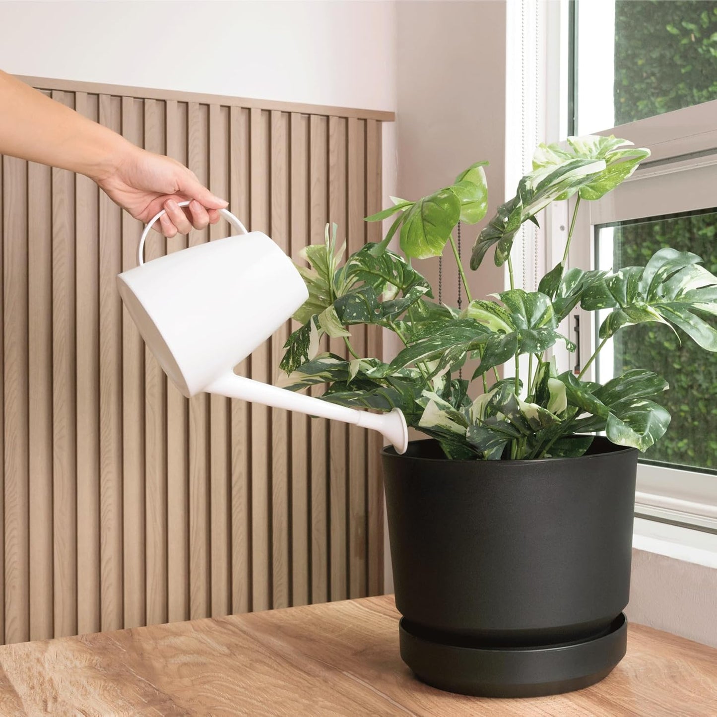 Elly Décor 14 inch Plastic Cylinder Planter Pot with Self-Watering Saucer and Drainage Hole,Lightweight & Extremely Durable, 14"x 14", Charcoal