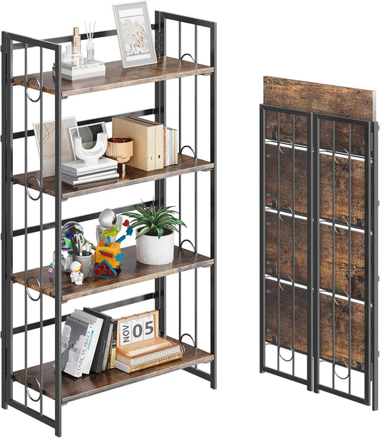 4NM No Assembly 4 Tiers Folding Bookshelf, 47.2" H Foldable Storage Shelves Vintage Bookcase Standing Racks Study Organizer Home Office - Rustic Brown Black