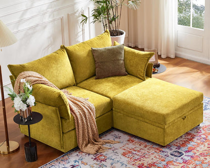 Luxury Modular Sectional Sofa, L-Shaped 3-Seat Couch with Storage Ottoman Deep Seat & Reversible Chaise Lounge Chenille Yellow for Compact Spaces, Apartments, Dorm