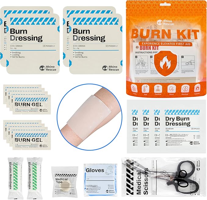 RHINO RESCUE Burn Kit, 4pcs Burn Dressings 4x4”, 8pcs Burn Gel Packets 3.5g, 4pcs Burn Pads, First Aid Kit Cooling Soothing Cream Relief with Bandage, Nitrile Gloves, Scissors, Tape, HSA/FSA Eligible