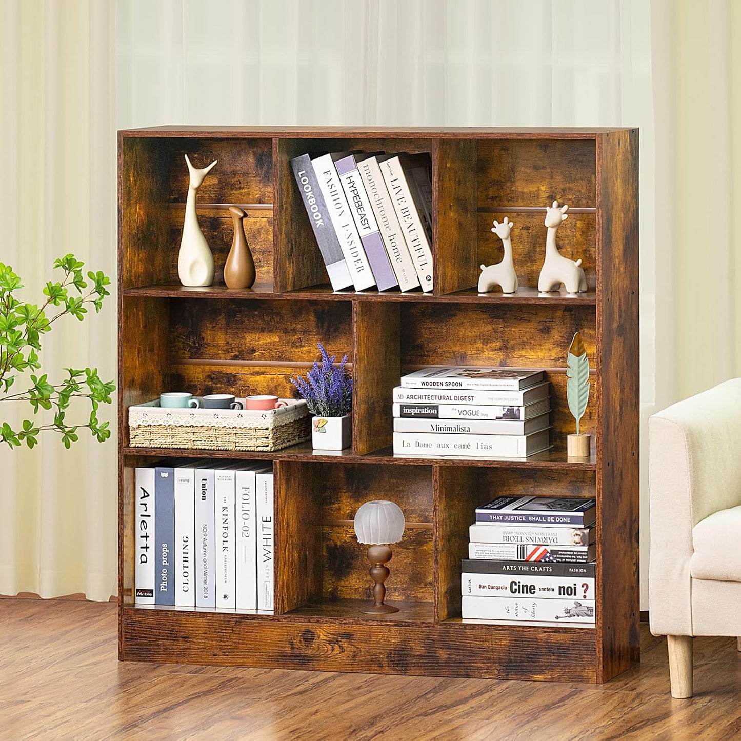 LEYAOYAO 8 Cube Bookshelf with Wood Base, Brown 3 Tier Mid-Century Modern Bookcase,Standing Wide Bookshelves Storage Organizer Shelf,Rustic Display Cabinet Book Shelves for Bedroom,Living Room,Office