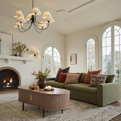 Mid Century Modern Coffee Table, 47.2" Oval Fluted Coffee Table with Storage and Sliding Doors, Minimalist Tea Table with Wood Grain Veneer, Retro Center Tables for Living Room, Walnut