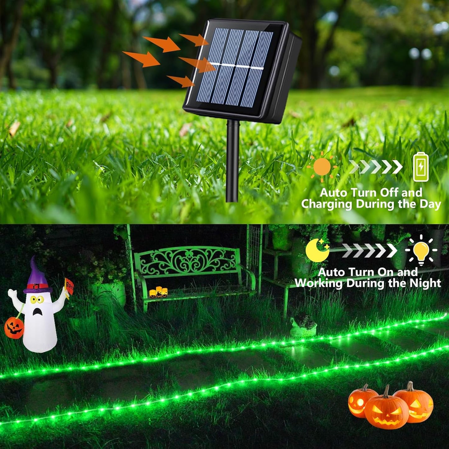 YEGUO 2 Packs Each 33ft 100 LED Solar Rope Lights Outdoor Waterproof, Green String Lights for Outside, 8 Modes Fairy Lights in Clear Thin Tube for Camping Fence Patio Garden Trampoline Deck