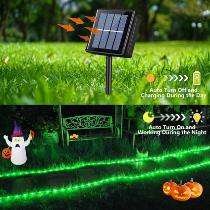 YEGUO 2 Packs Each 33ft 100 LED Solar Rope Lights Outdoor Waterproof, Green String Lights for Outside, 8 Modes Fairy Lights in Clear Thin Tube for Camping Fence Patio Garden Trampoline Deck