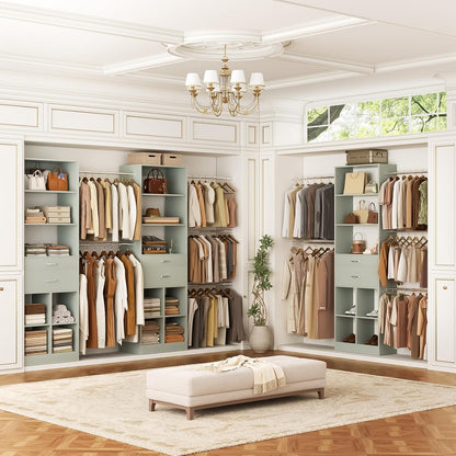 Closet System, 4-8 FT Closet Organizer Tower with 2 Wooden Drawers and Shelves, Can Fit 60 to 96 inch Walk-in Closet System with 5 Hang Rods, Built-in, Crab Green