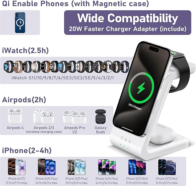 3 in 1 Wireless Charging Station: 5000mAh Removable Power Bank Charger Stand for Phone/Watch/Air Pods - Portable Magnetic Battery Pack for Air 17 16 15 14 13 12 Series White