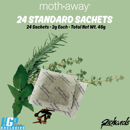 Richards Homewares Moth Away Sachets – 24-Pack Natural Herbal Moth Repellent, Non-Toxic & Chemical-Free, Fresh Scent for Drawers, Closets & Storage Bins – Made in USA