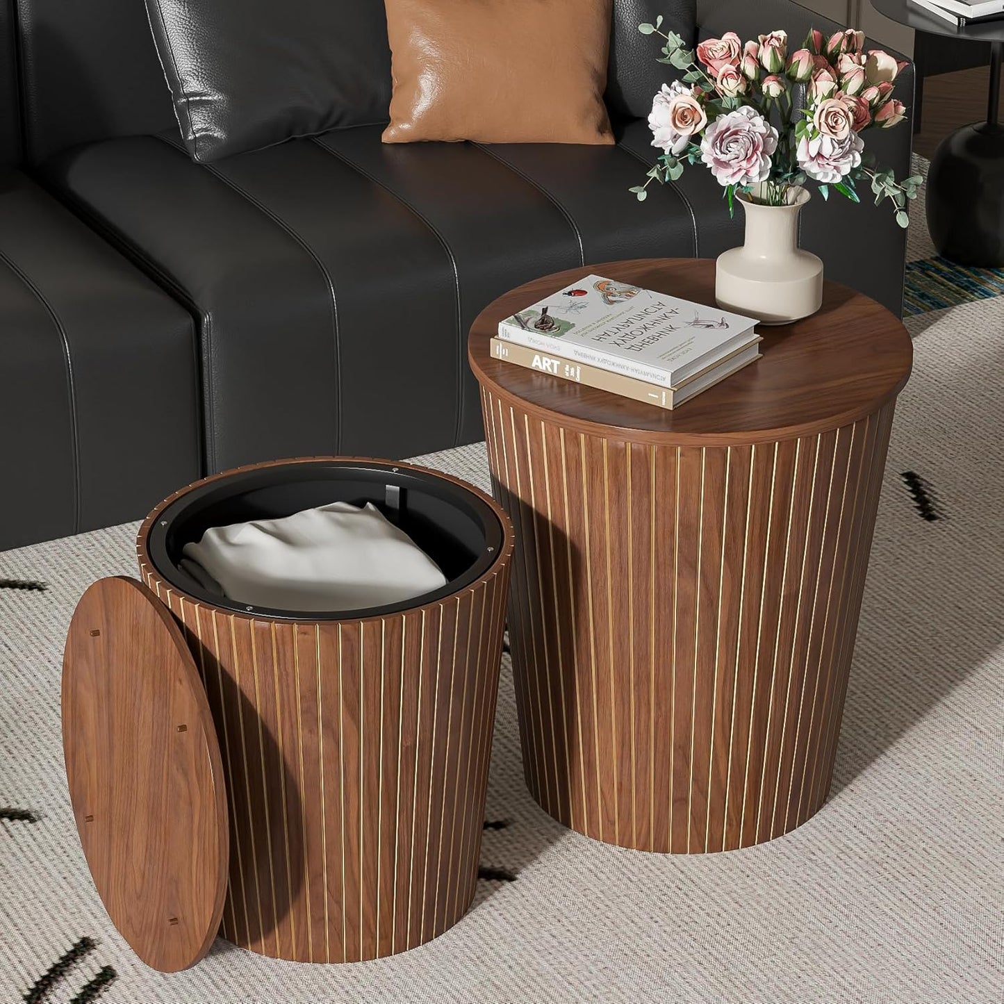 Round Coffee Table Set,2-Piece Modern Farmhouse Living Room End Table Set, Nesting Table Round Natural Finish for Living Room (Walnut, 17.72'')